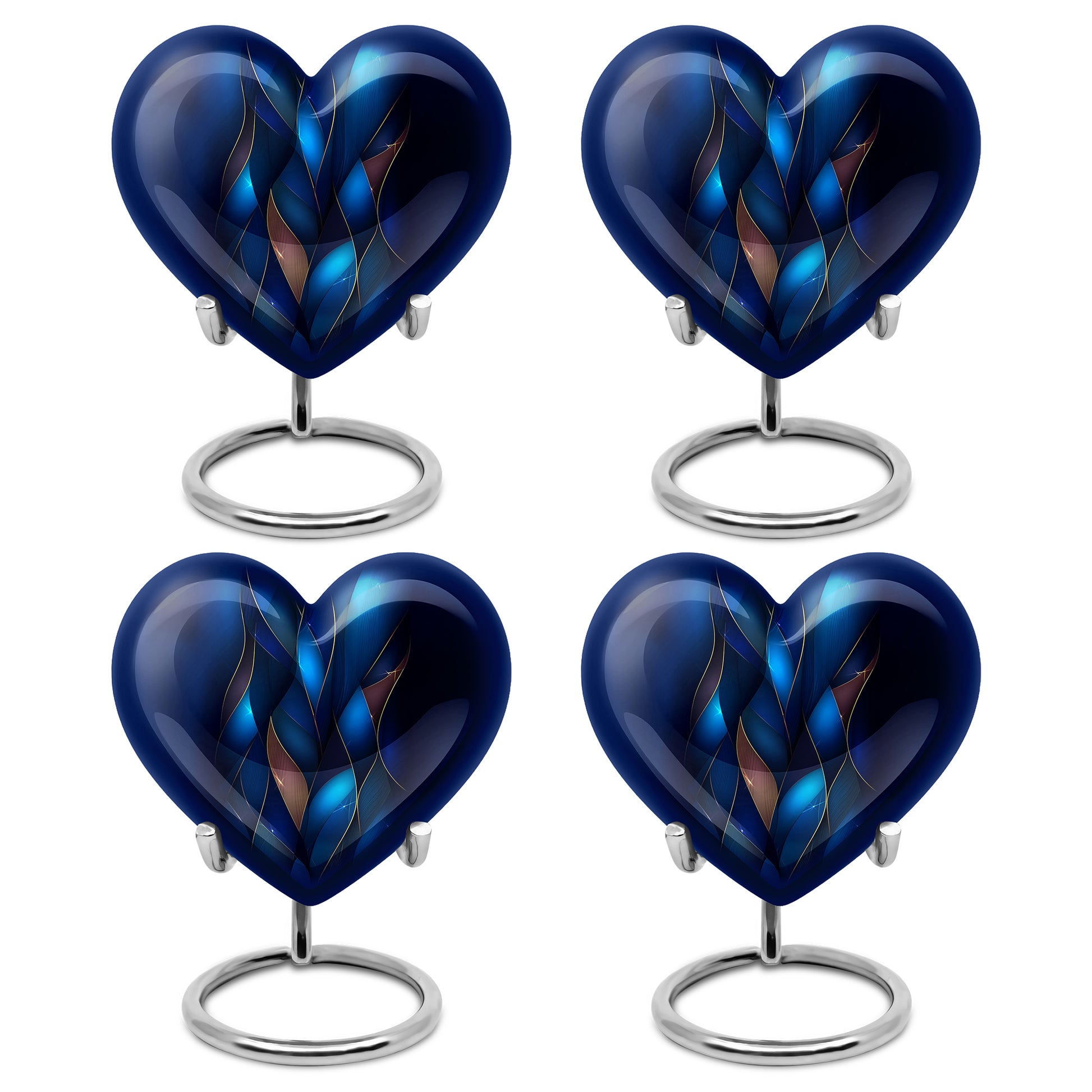 Navy Blue Blue Cremation Urn angled view of lid and engraved motif - heart-shaped blue design symbolizing eternal love - 10 inch aluminum urn for cremated remains