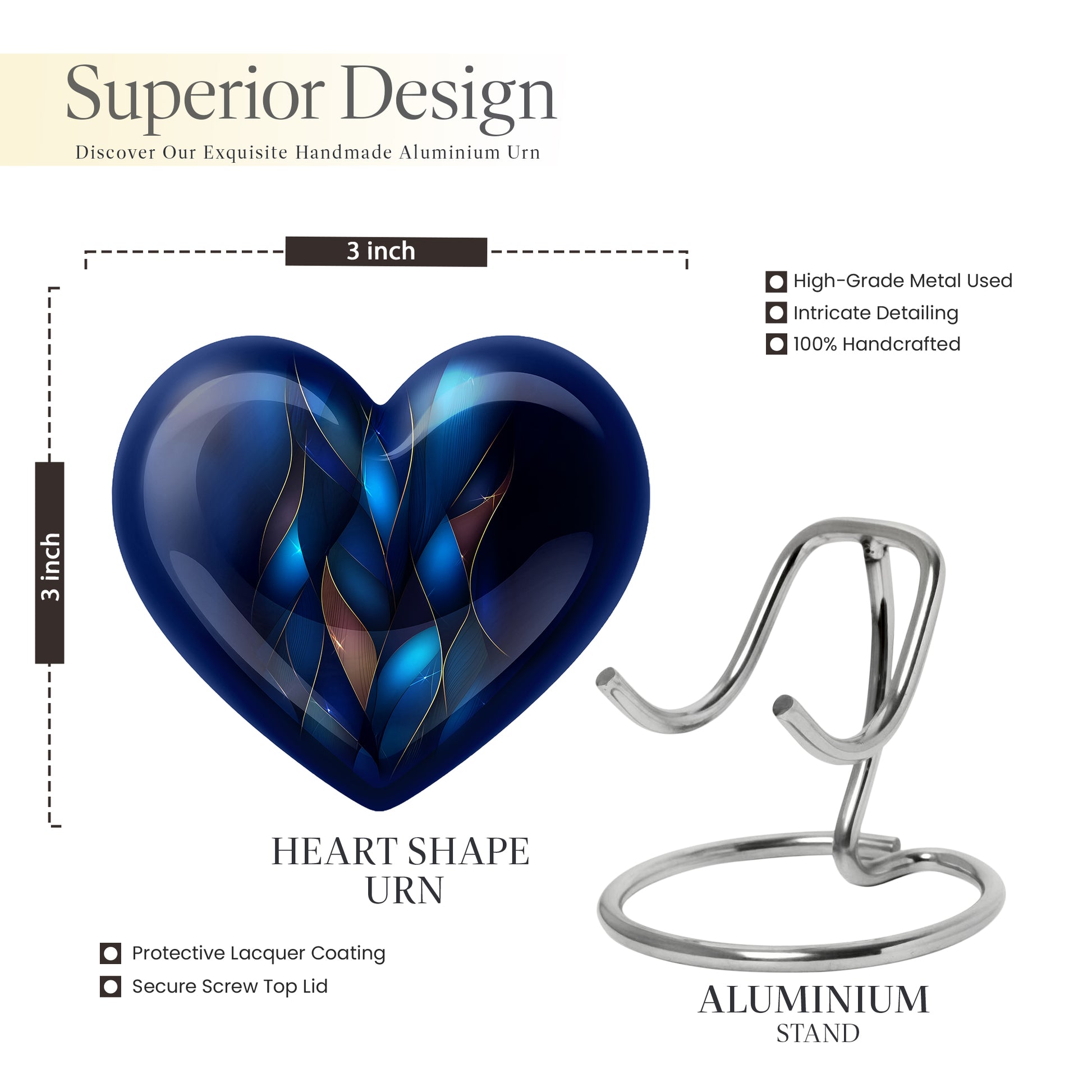 Misty Blue Blue Cremation Urn front view showing detailed design - loving heart memorial featuring blue pattern - mini keepsake memorial for portion of cremation ashes