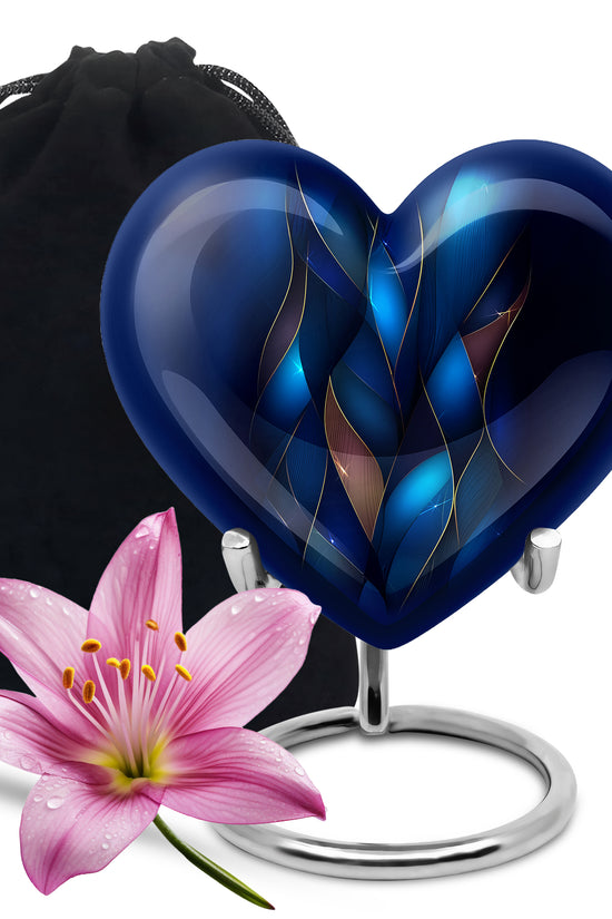 Pastel Blue Blue Cremation Urn detail view - loving heart memorial featuring blue pattern - full-size 10 inch 200 cubic inch adult cremation urn
