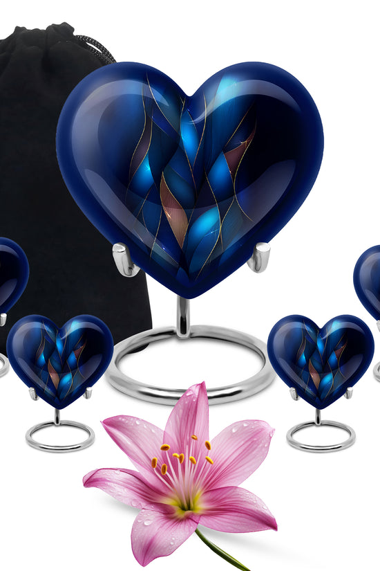 Twilight Blue Blue Cremation Urn close-up of engraving and surface detail - romantic heart urn with blue motif on aluminum - memorial set with one large and four small urns