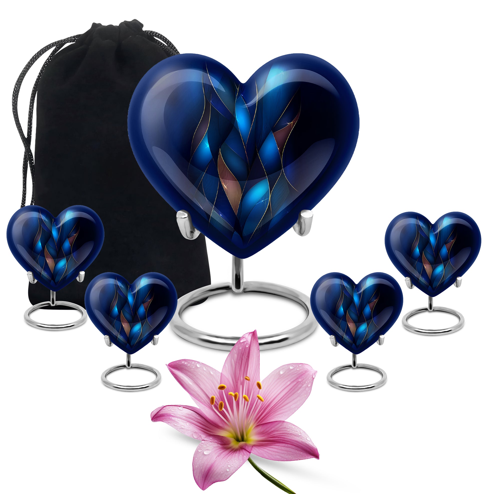 Twilight Blue Blue Cremation Urn close-up of engraving and surface detail - romantic heart urn with blue motif on aluminum - memorial set with one large and four small urns