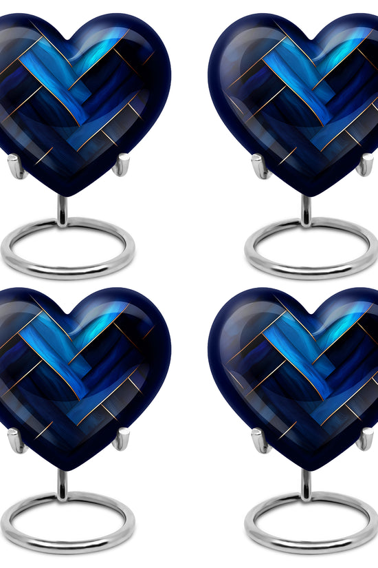 Bright Blue Blue Cremation Urn angled view of lid and engraved motif - compassionate heart-blue combination with gentle curves - 10 inch aluminum urn for cremated remains