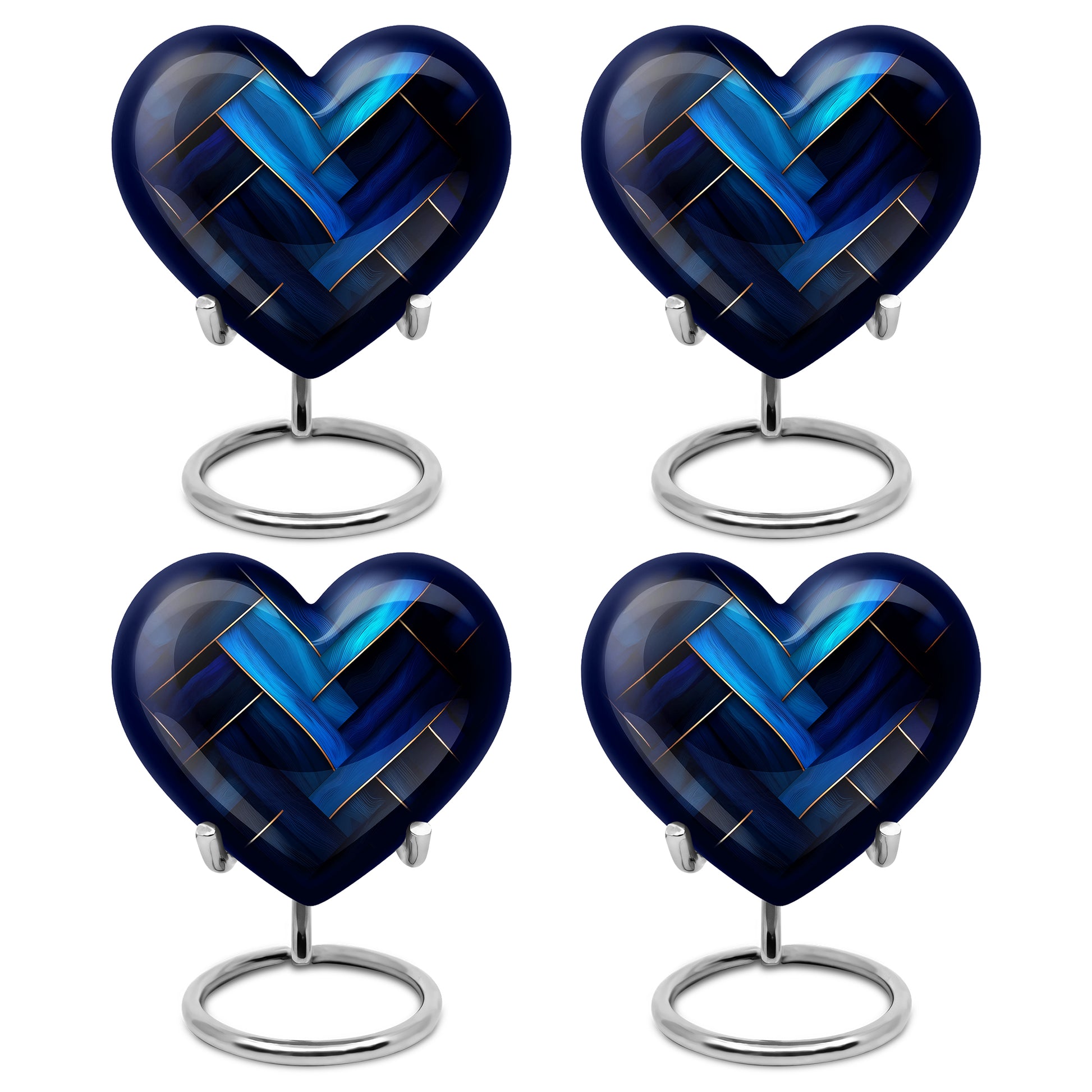 Bright Blue Blue Cremation Urn angled view of lid and engraved motif - compassionate heart-blue combination with gentle curves - 10 inch aluminum urn for cremated remains