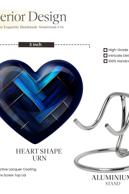 Navy Blue Blue Cremation Urn front view showing detailed design - heart-shaped blue design symbolizing eternal love - mini keepsake memorial for portion of cremation ashes