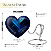 Navy Blue Blue Cremation Urn front view showing detailed design - heart-shaped blue design symbolizing eternal love - mini keepsake memorial for portion of cremation ashes