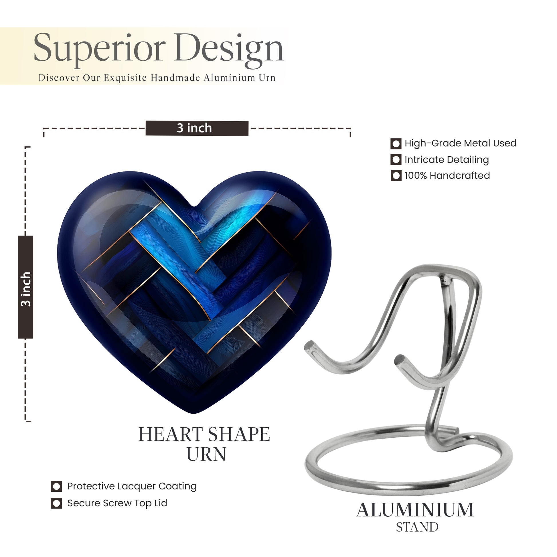 Navy Blue Blue Cremation Urn front view showing detailed design - heart-shaped blue design symbolizing eternal love - mini keepsake memorial for portion of cremation ashes