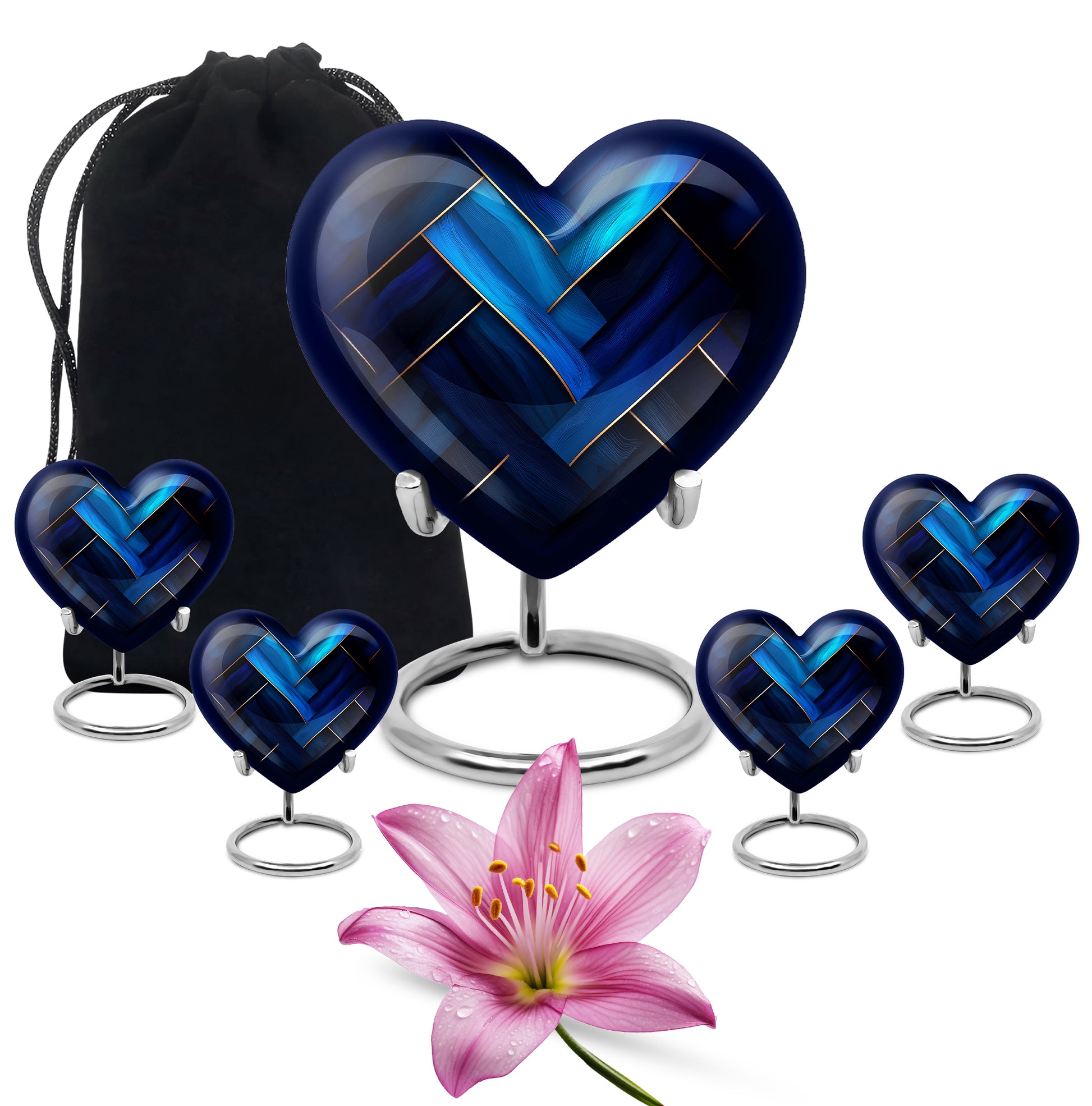 Azure Blue Cremation Urn close-up of engraving and surface detail - heart-shaped blue design symbolizing eternal love - memorial set with one large and four small urns