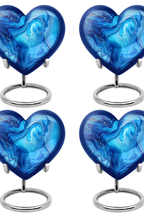 Jewel Teal Blue Cremation Urn angled view of lid and engraved motif - heart-shaped blue design symbolizing eternal love - 10 inch aluminum urn for cremated remains