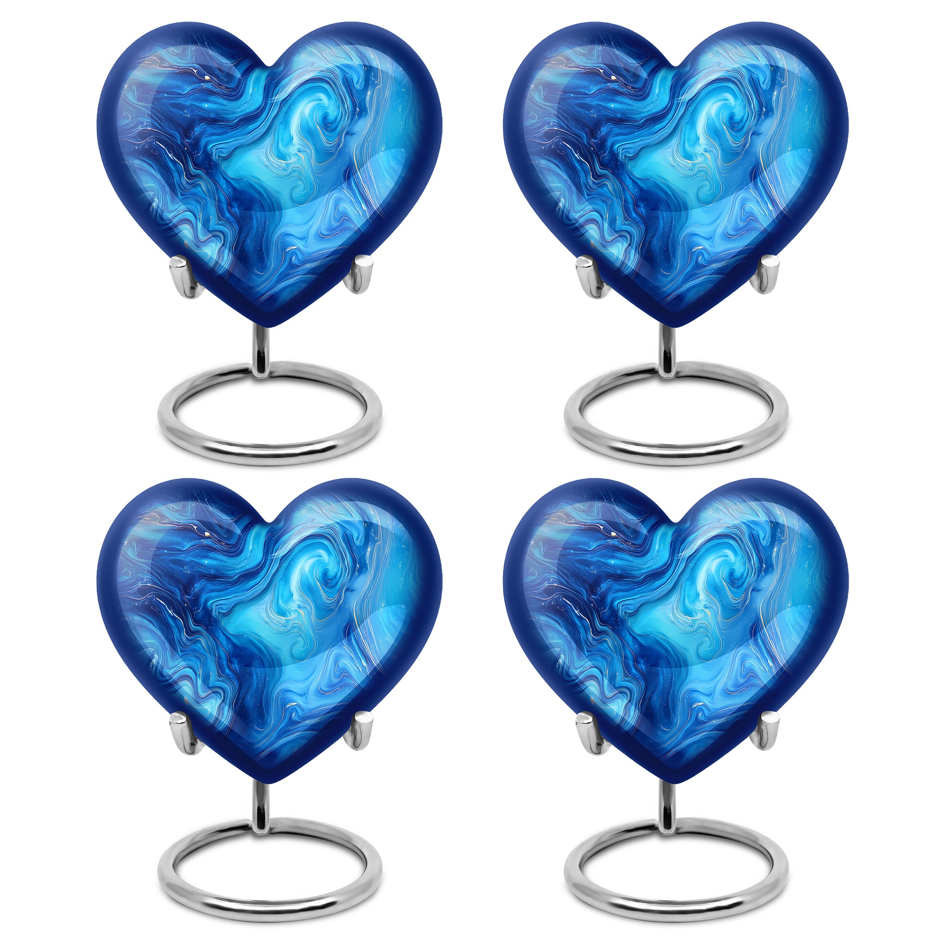 Jewel Teal Blue Cremation Urn angled view of lid and engraved motif - heart-shaped blue design symbolizing eternal love - 10 inch aluminum urn for cremated remains