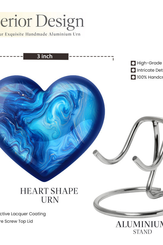 Ocean Teal Blue Cremation Urn front view showing detailed design - loving heart memorial featuring blue pattern - mini keepsake memorial for portion of cremation ashes