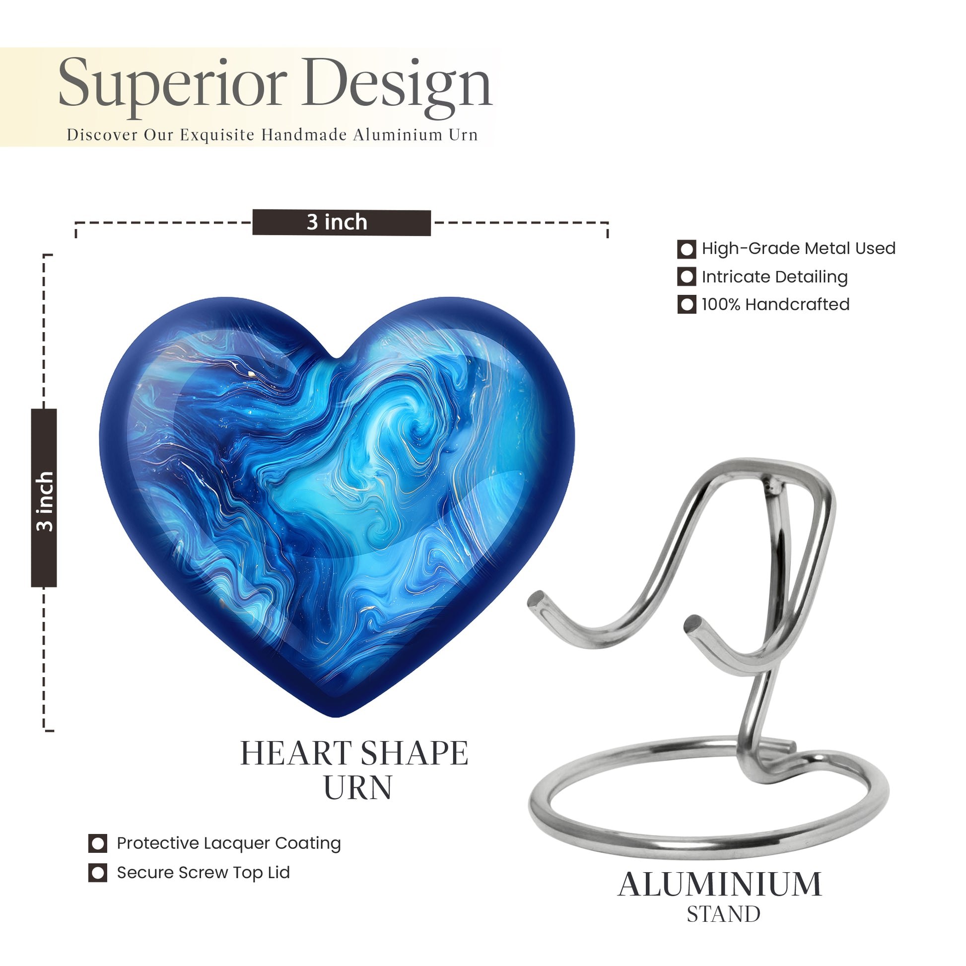 Ocean Teal Blue Cremation Urn front view showing detailed design - loving heart memorial featuring blue pattern - mini keepsake memorial for portion of cremation ashes