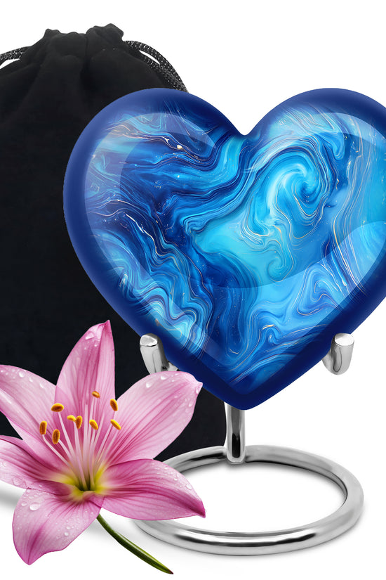 Cool Teal Blue Cremation Urn detail view - loving heart memorial featuring blue pattern - full-size 10 inch 200 cubic inch adult cremation urn