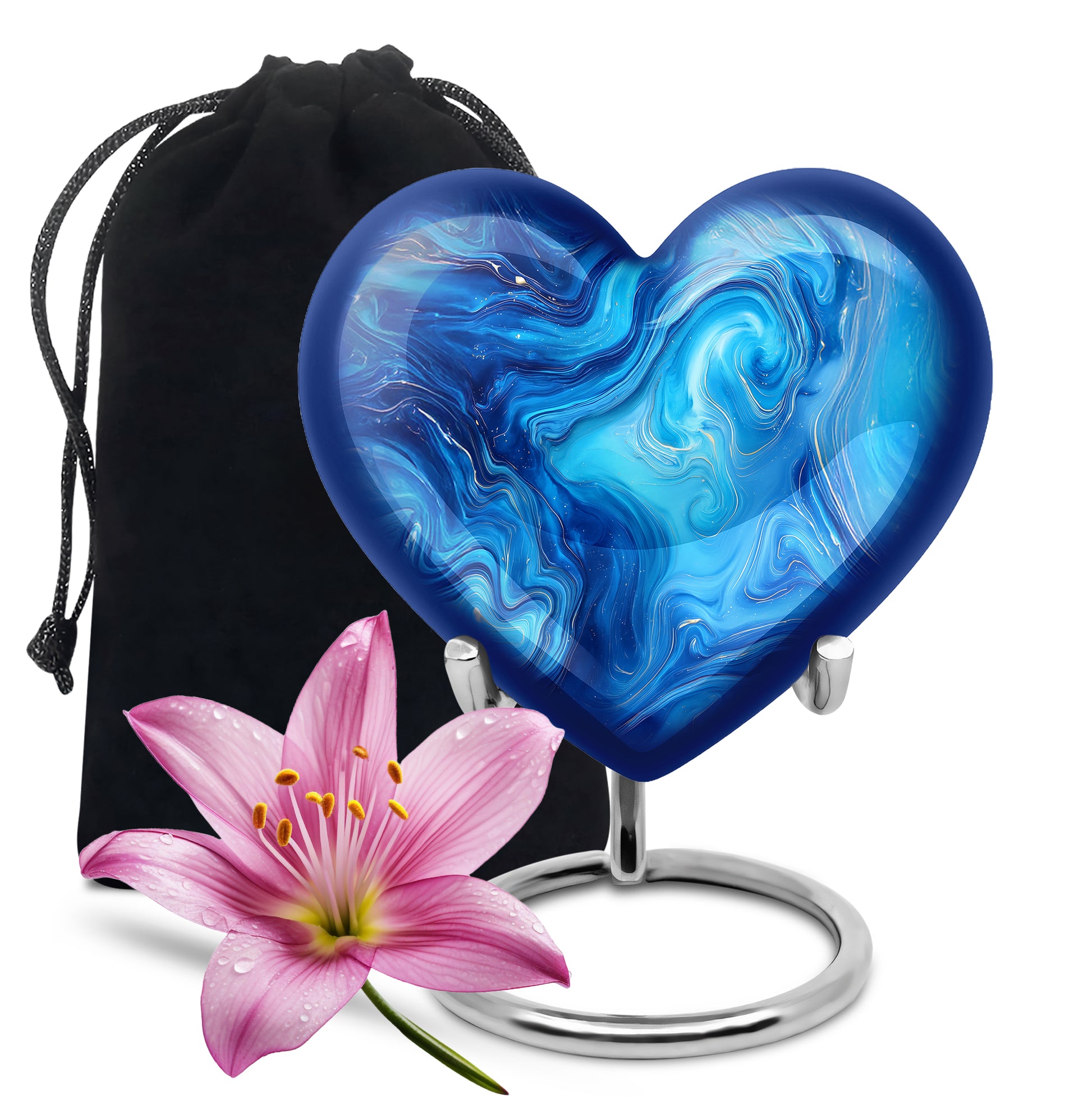 Cool Teal Blue Cremation Urn detail view - loving heart memorial featuring blue pattern - full-size 10 inch 200 cubic inch adult cremation urn