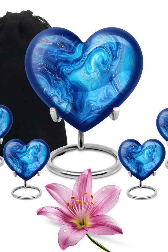 Aqua Teal Blue Cremation Urn close-up of engraving and surface detail - compassionate heart-blue combination with gentle curves - memorial set with one large and four small urns