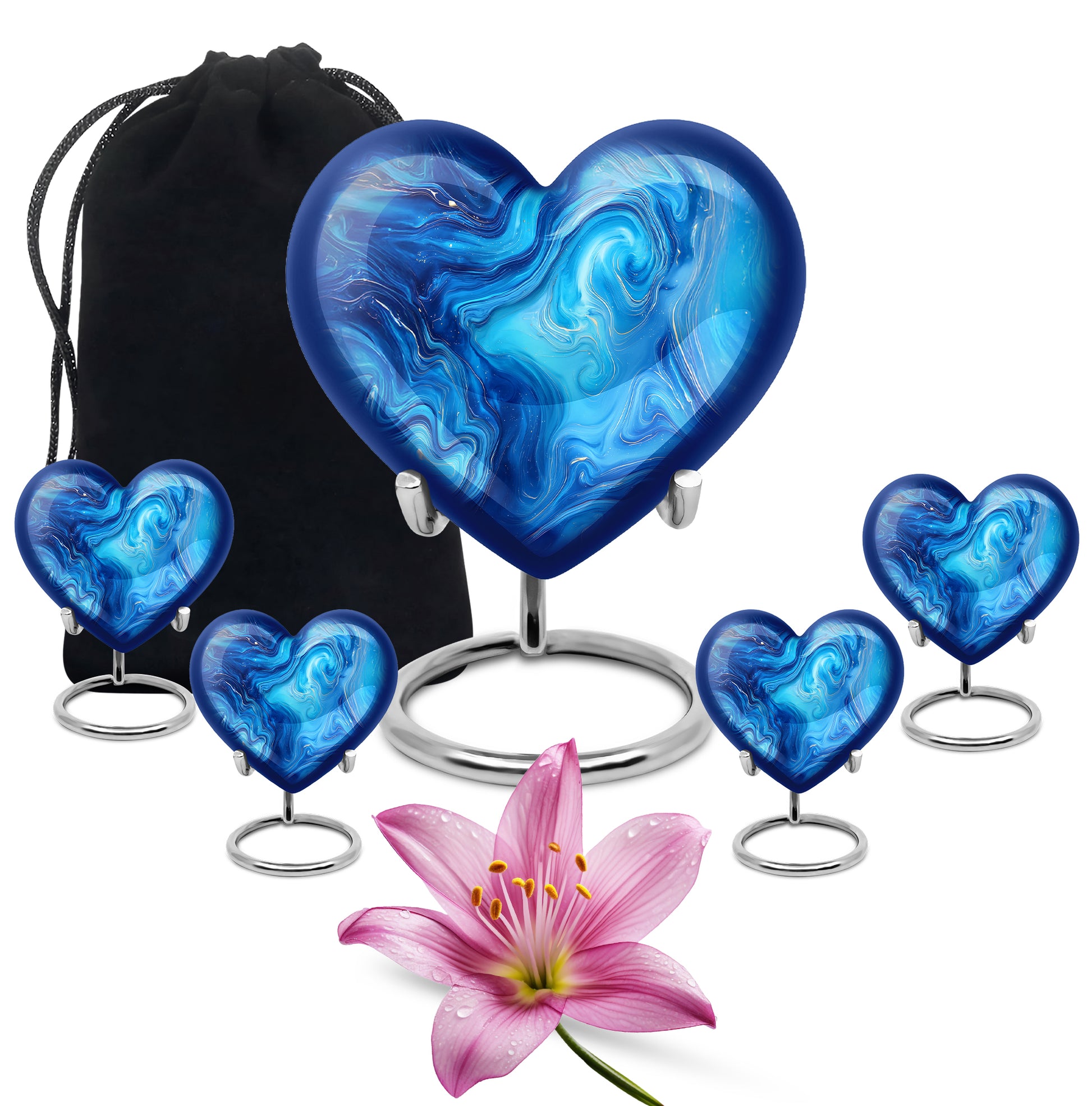 Aqua Teal Blue Cremation Urn close-up of engraving and surface detail - compassionate heart-blue combination with gentle curves - memorial set with one large and four small urns