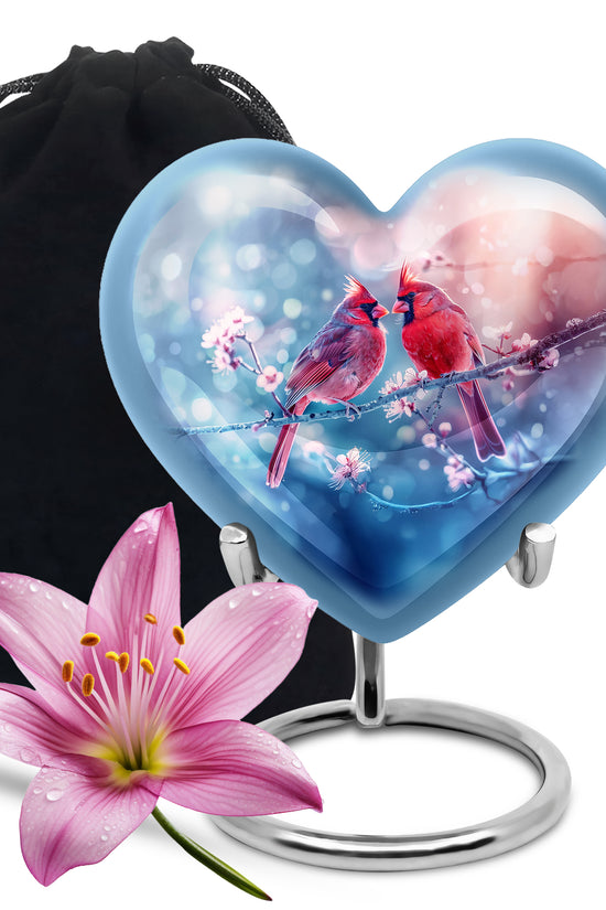 Cardinal Bird Pair Urn For Couples - Cherry Blossoms Memorial Urn