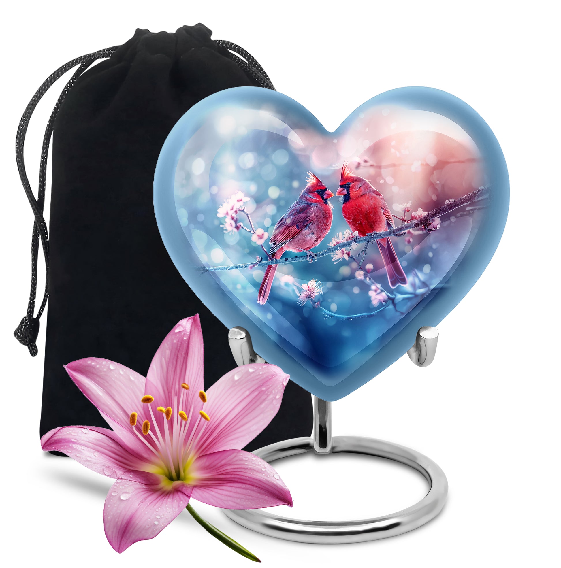 Cardinal Bird Pair Urn For Couples - Cherry Blossoms Memorial Urn