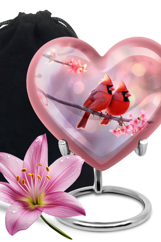 Red Cardinal Bird Pair Urn For Women - Pink Blossoms Urn For Funeral