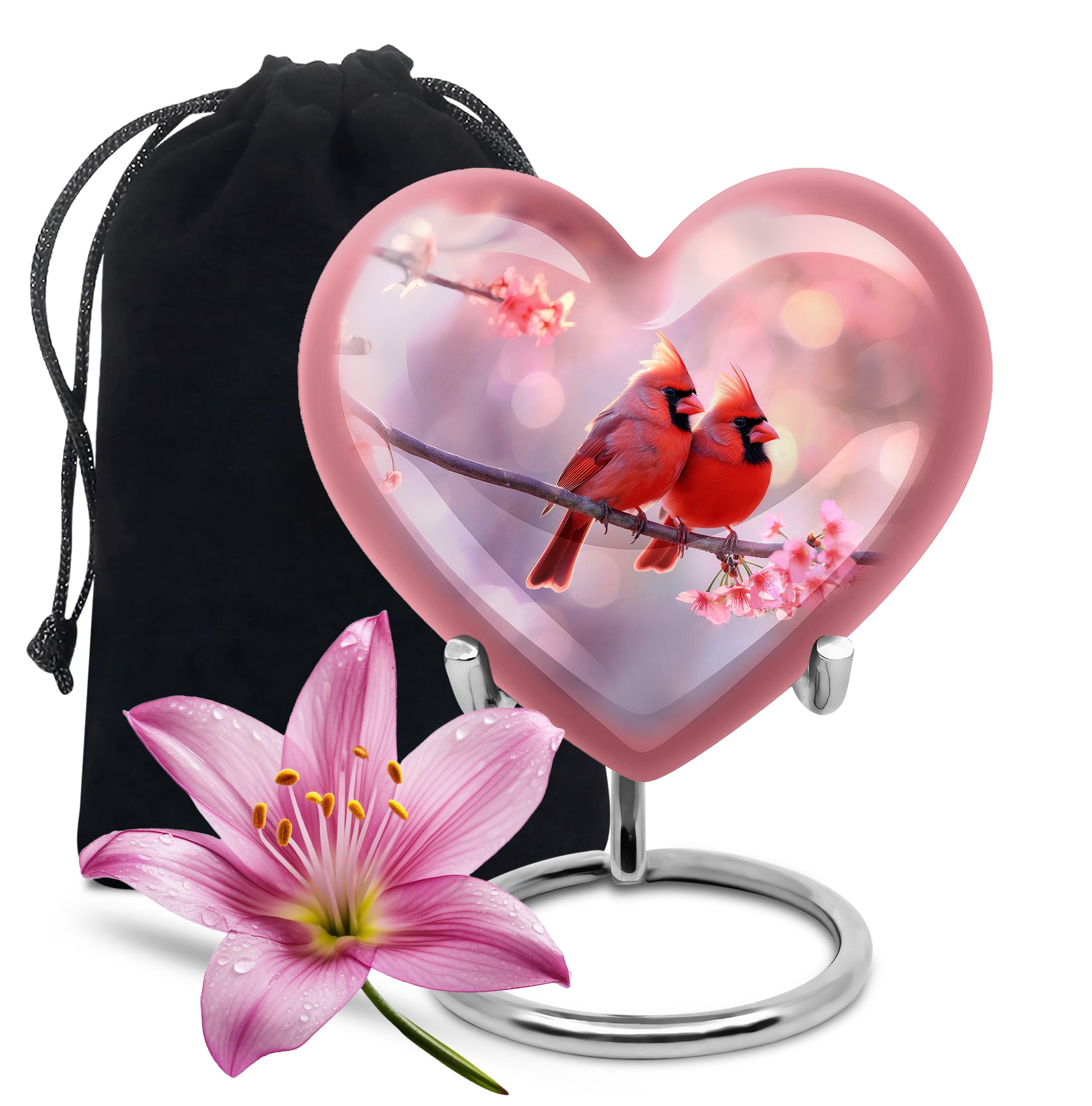 Red Cardinal Bird Pair Urn For Women - Pink Blossoms Urn For Funeral