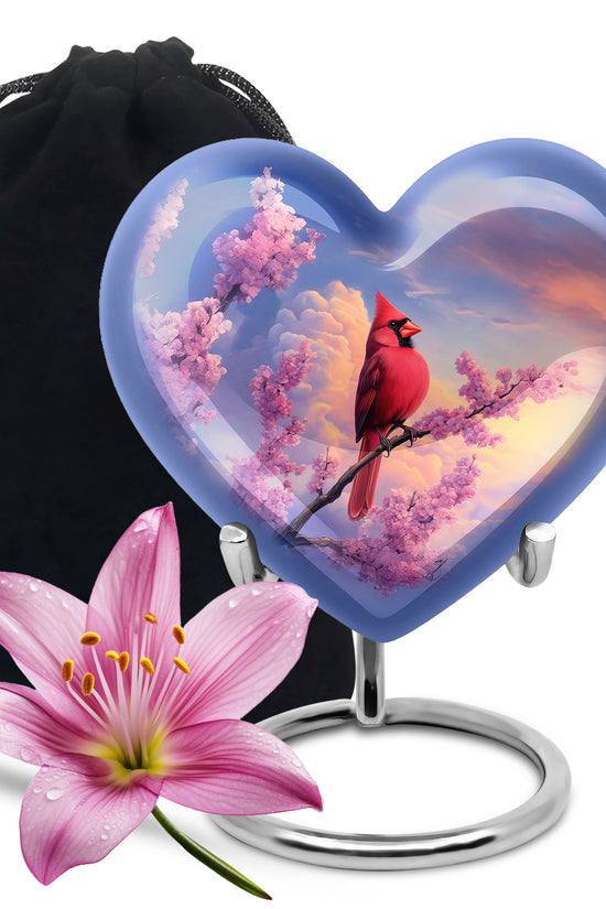 Cardinal Bird Urn For Mother - Pink Blossoms Cremation Urn For Ashes