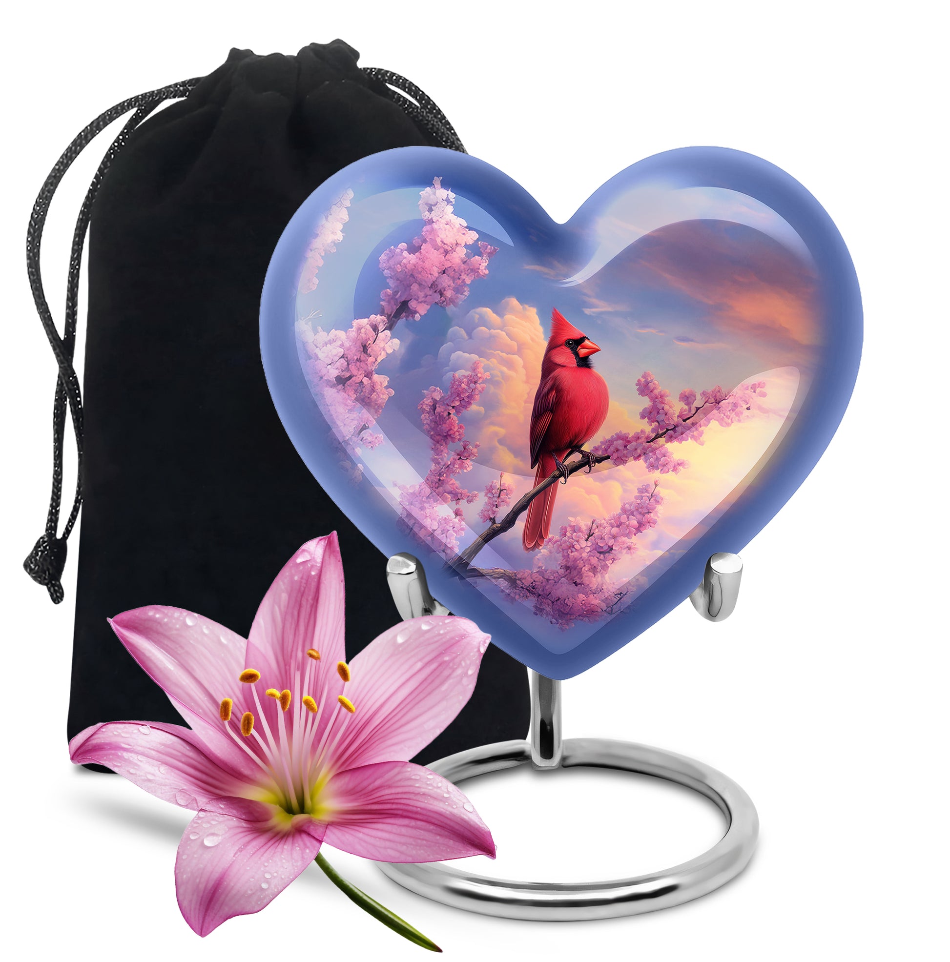 Cardinal Bird Urn For Mother - Pink Blossoms Cremation Urn For Ashes