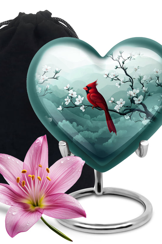 Cardinal Bird Memorial Urn - White Cherry Blossom Urn For Male & Female