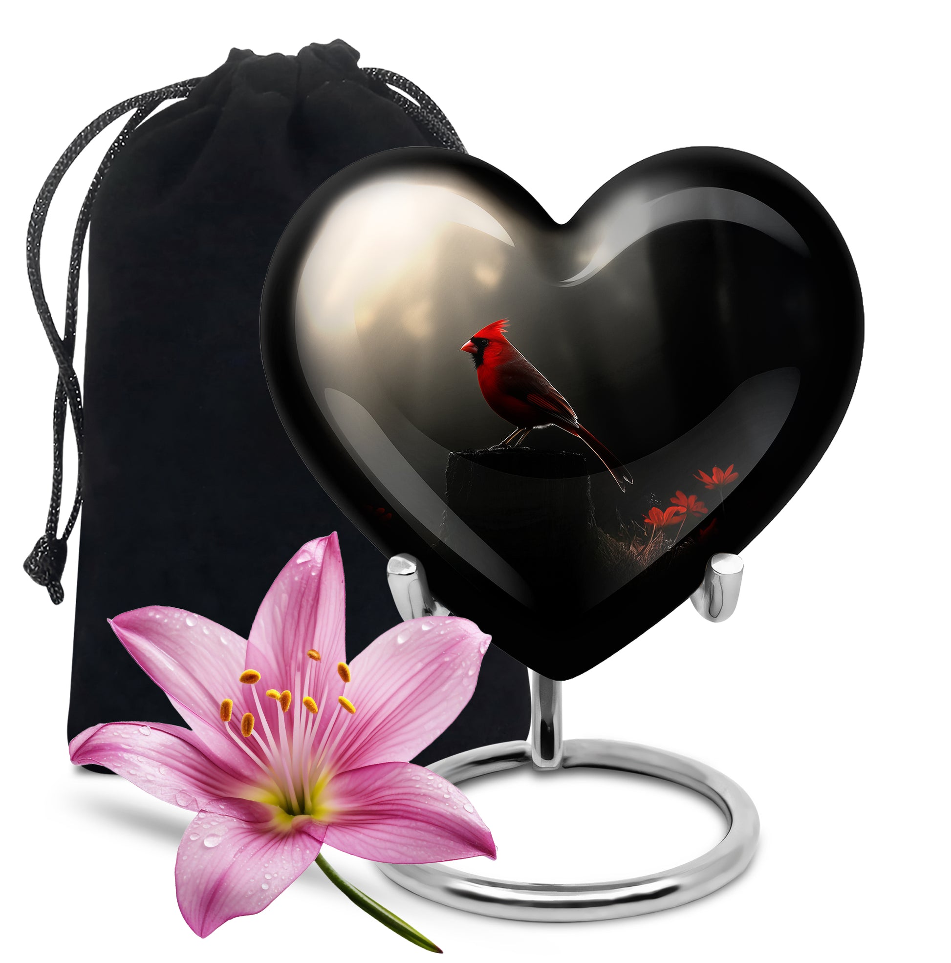 Cardinal Bird Black Cremation Urn - Modern Memorial Urn Adult
