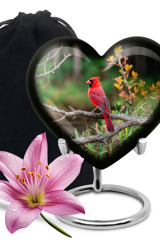 Forest Cardinal Funeral Urn - Green Aluminum Cremation Urn For Loved Ones