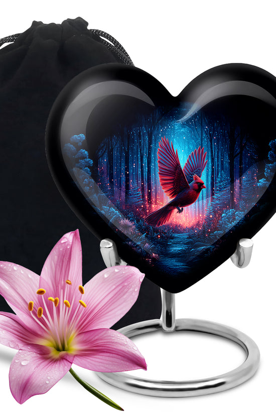 Forest Cardinal Bird Theme Funeral Urn - Black Large Aluminium Urn For Ashes