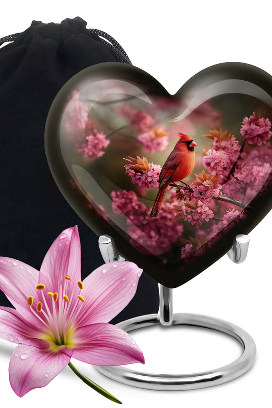 Pink Floral Cardinal Cremation Urn - Decorative Memorial Urn For Burial