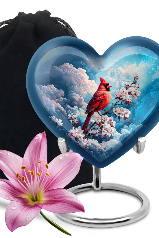 Red Cardinal Bird Cremation Urn - Beautiful Cherry Blossom Funeral Urn For Burial
