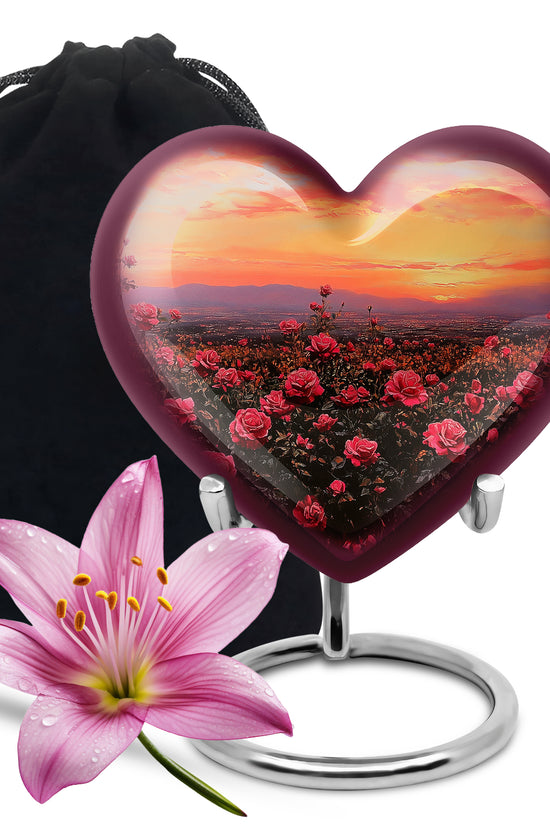 Red Rose Field Cremation Urn - Sunset Funeral Urn For Human Ashes