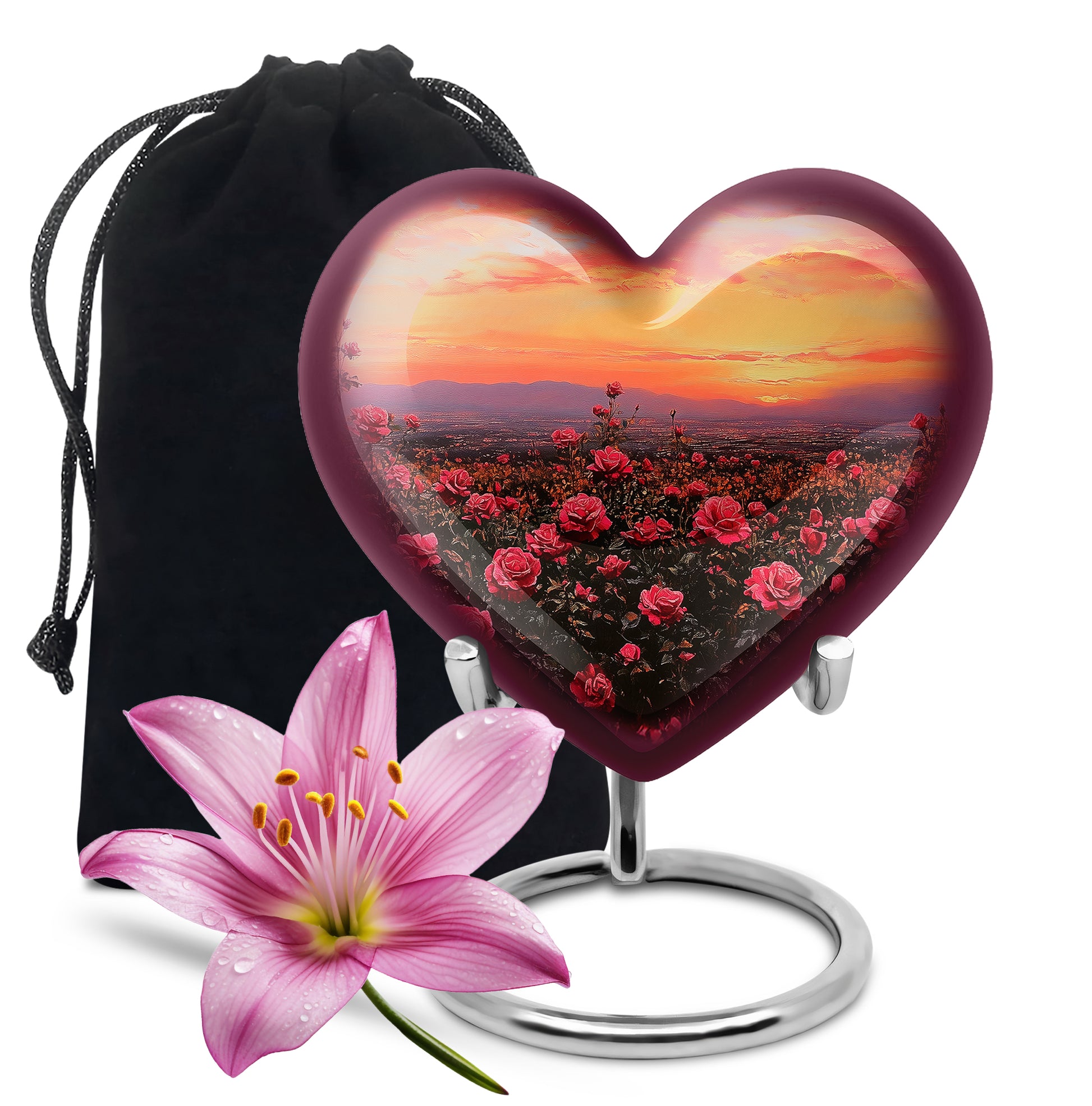 Red Rose Field Cremation Urn - Sunset Funeral Urn For Human Ashes