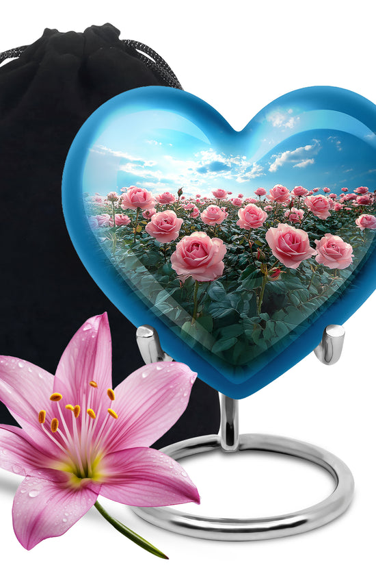 Pink Rose Field Memorial Urn - Blue Sky Cremation Urn For Loved Ones