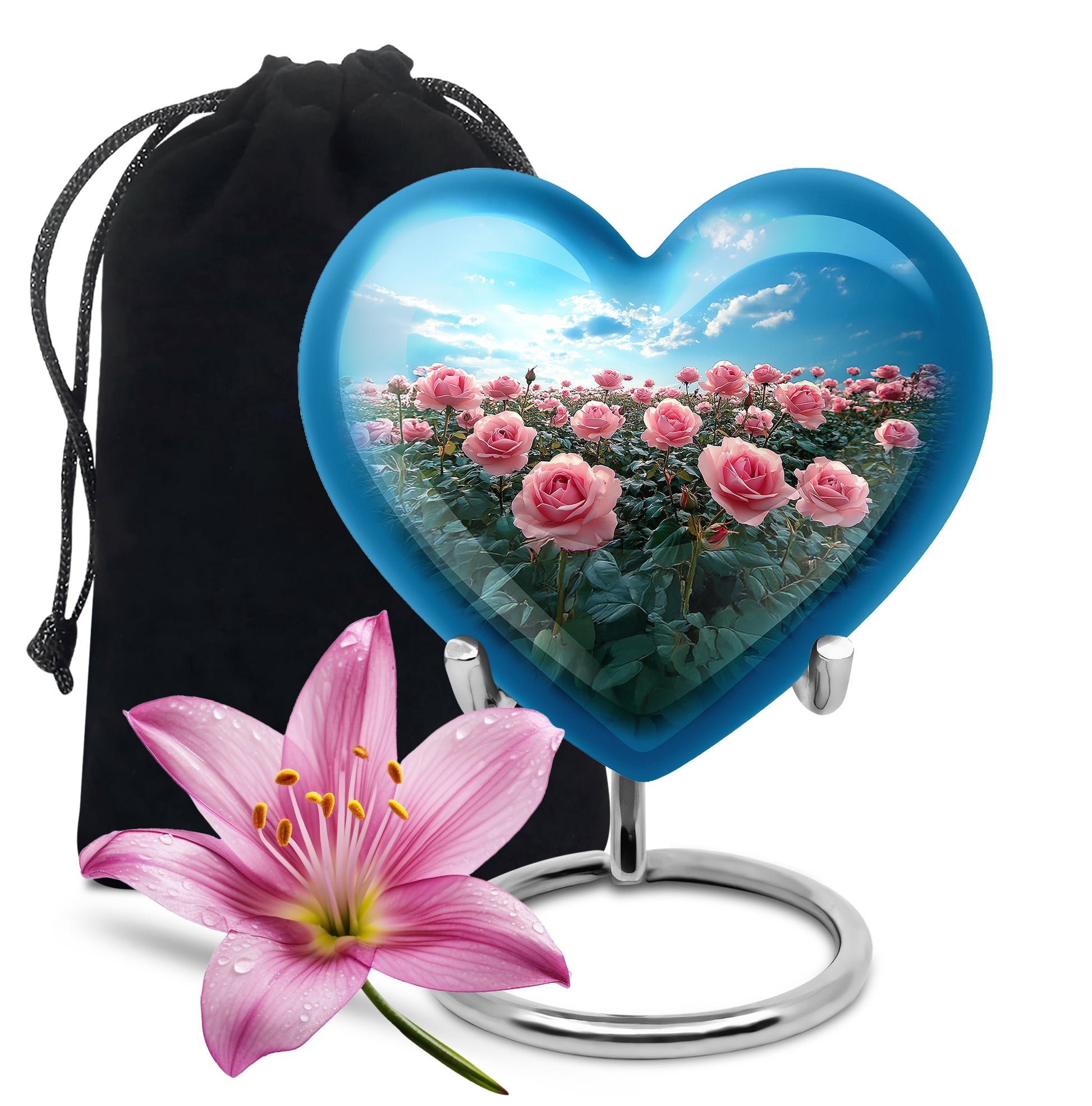 Pink Rose Field Memorial Urn - Blue Sky Cremation Urn For Loved Ones