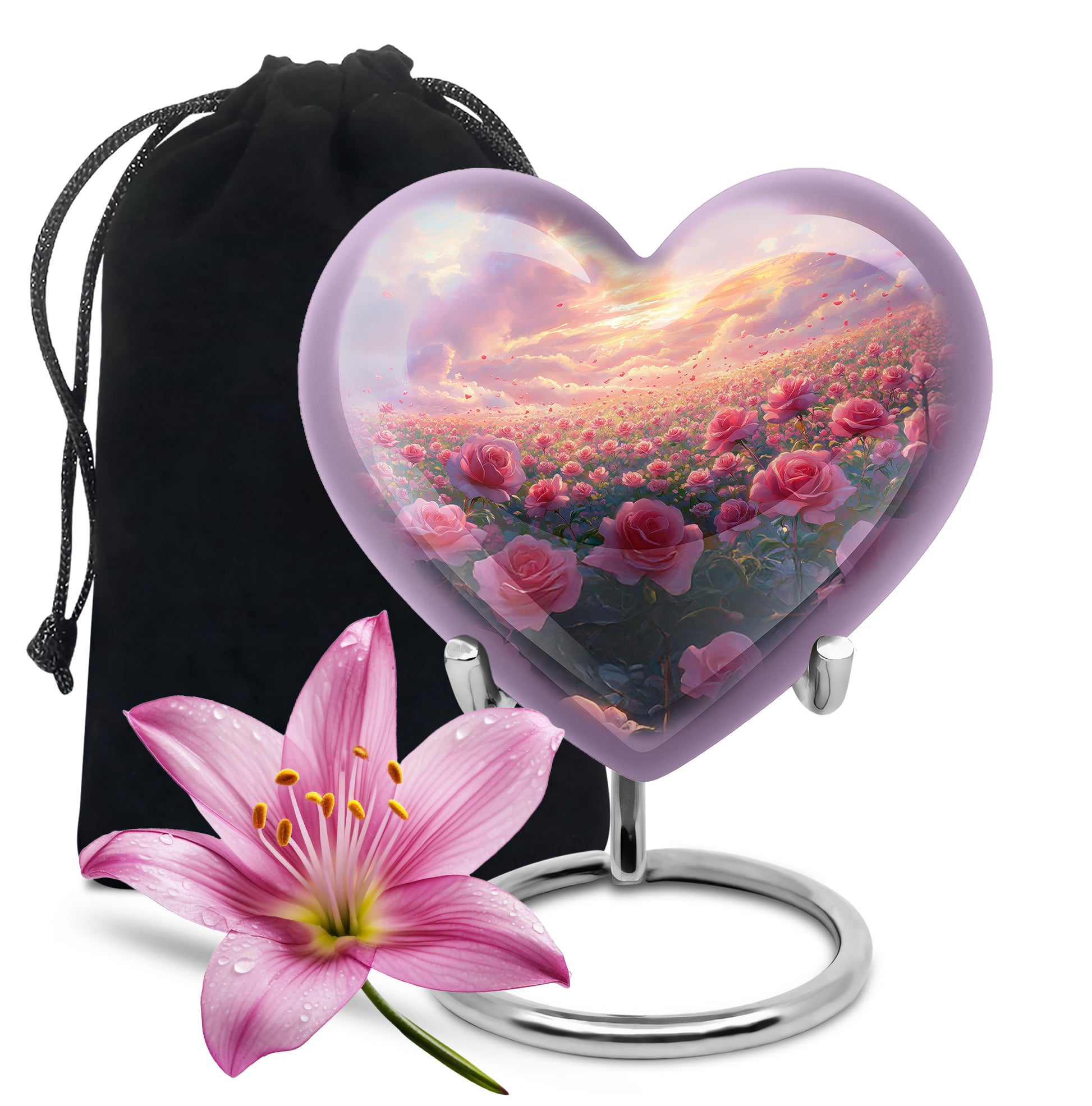 Pink Rose Landscape Memorial Urn - Beautiful Sunset Cremation Urn For Human Ashes