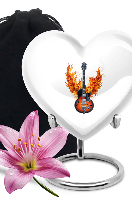 White flaming Guitar Urn - Beautiful Cremation Urns For Human Ashes