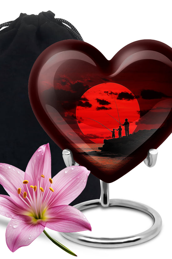 Family Fishing Memorial Urn - Red Sunset Funeral Urn For Loved Ones