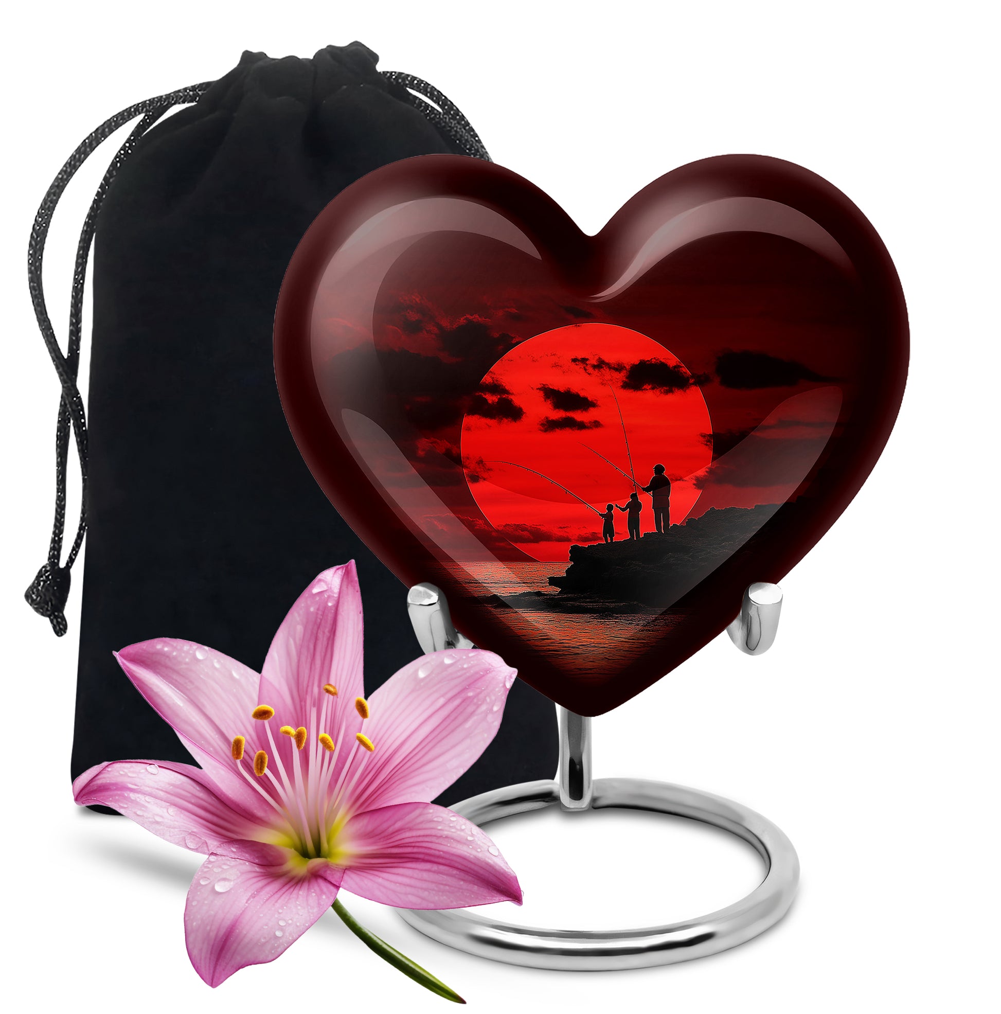 Family Fishing Memorial Urn - Red Sunset Funeral Urn For Loved Ones