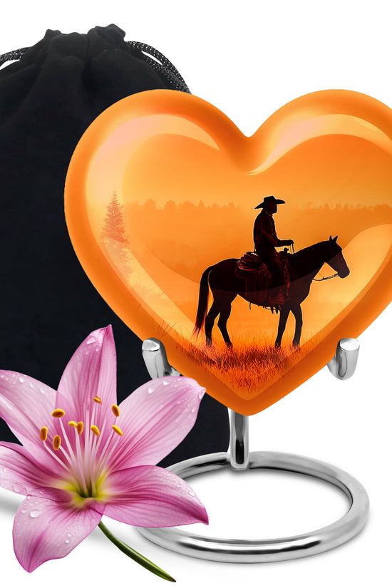 Sunset Cowboy Silhouette Urn - Orange Memorial Urn For Human Ashes