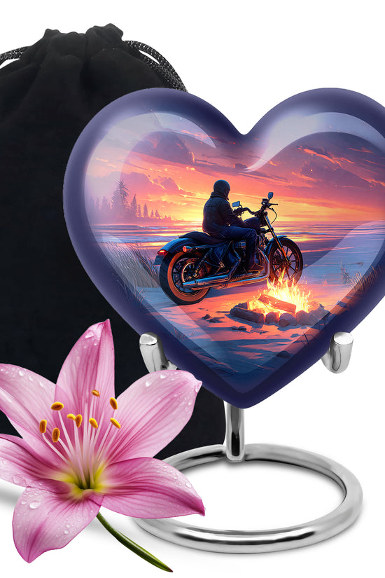 Sunset Motorcycle Rider Cremation Urn - Bonfire Funeral Urn For Loved Ones