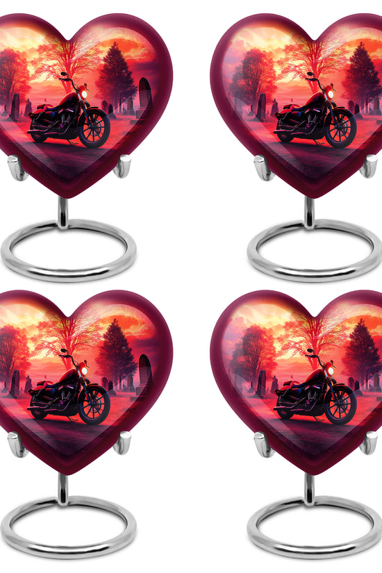Rich Red Bike Cremation Urn angled view of lid and engraved motif - compassionate heart-bike combination with gentle curves - 10 inch aluminum urn for cremated remains