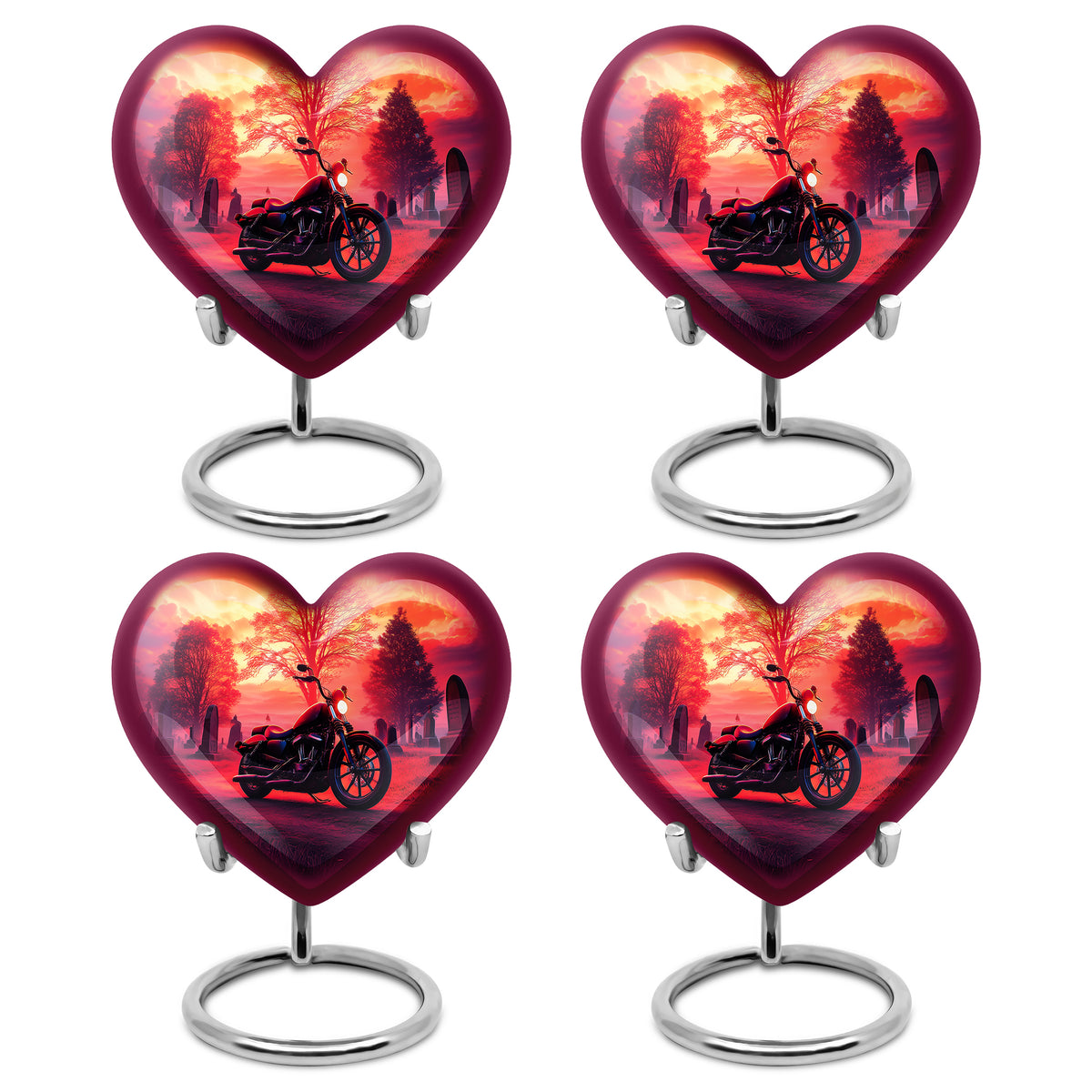 Rich Red Bike Cremation Urn angled view of lid and engraved motif - compassionate heart-bike combination with gentle curves - 10 inch aluminum urn for cremated remains
