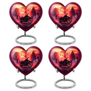 Rich Red Bike Cremation Urn angled view of lid and engraved motif - compassionate heart-bike combination with gentle curves - 10 inch aluminum urn for cremated remains