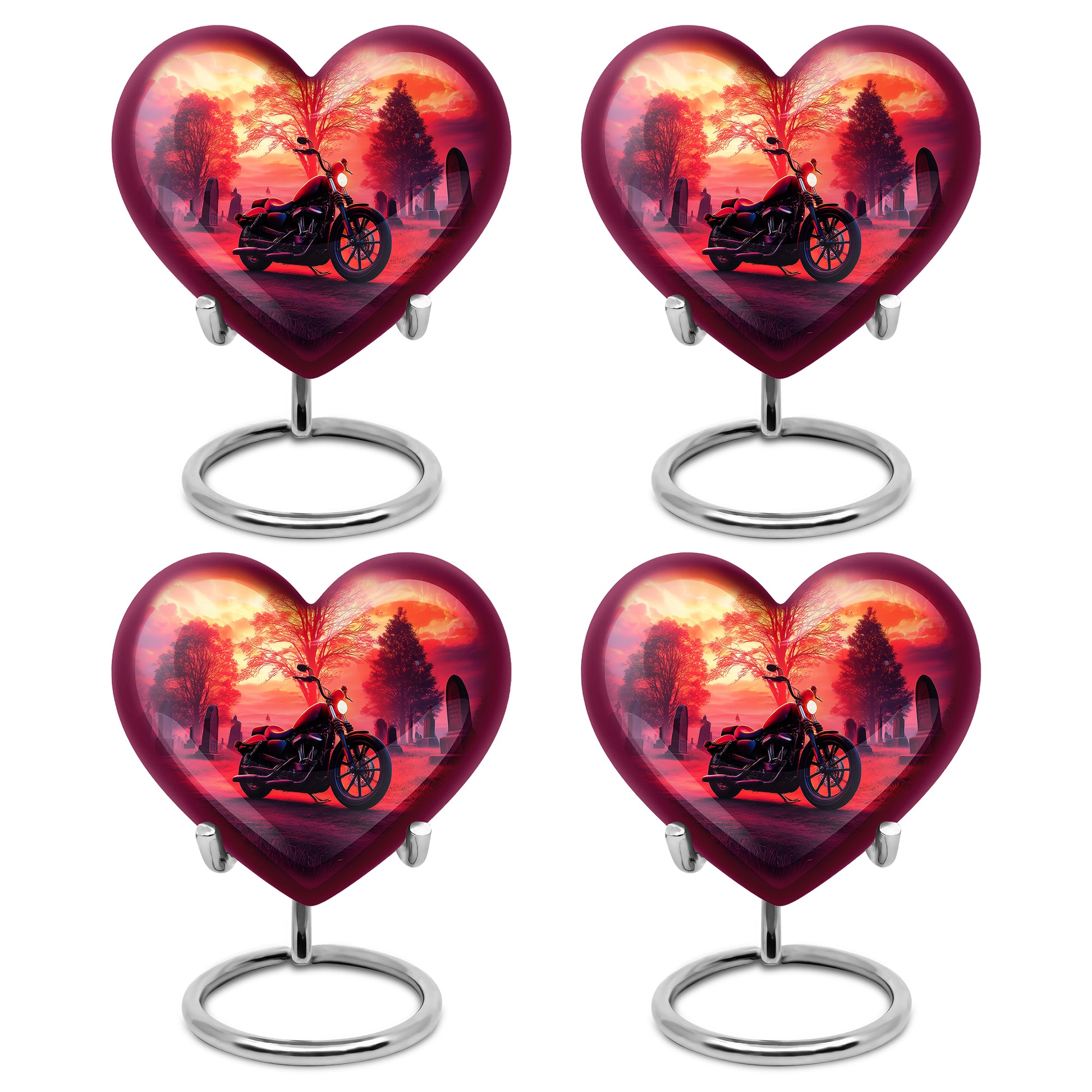 Rich Red Bike Cremation Urn angled view of lid and engraved motif - compassionate heart-bike combination with gentle curves - 10 inch aluminum urn for cremated remains
