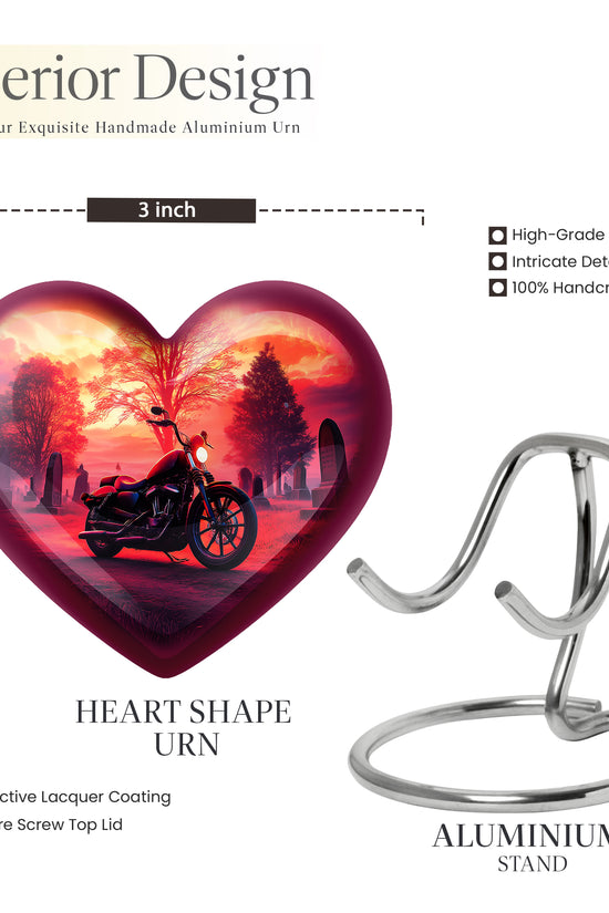 Crimson Red Bike Cremation Urn front view showing detailed design - heart-shaped bike design symbolizing eternal love - mini keepsake memorial for portion of cremation ashes