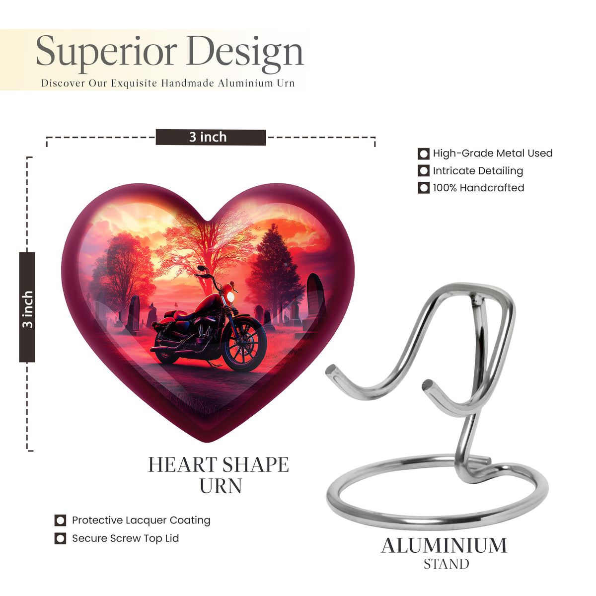 Crimson Red Bike Cremation Urn front view showing detailed design - heart-shaped bike design symbolizing eternal love - mini keepsake memorial for portion of cremation ashes
