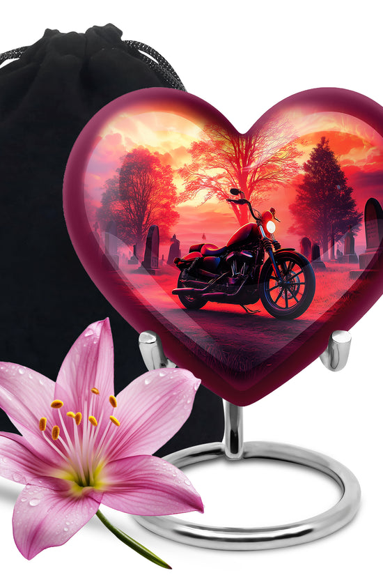 Burgundy Red Bike Cremation Urn detail view - heart-shaped bike design symbolizing eternal love - full-size 10 inch 200 cubic inch adult cremation urn