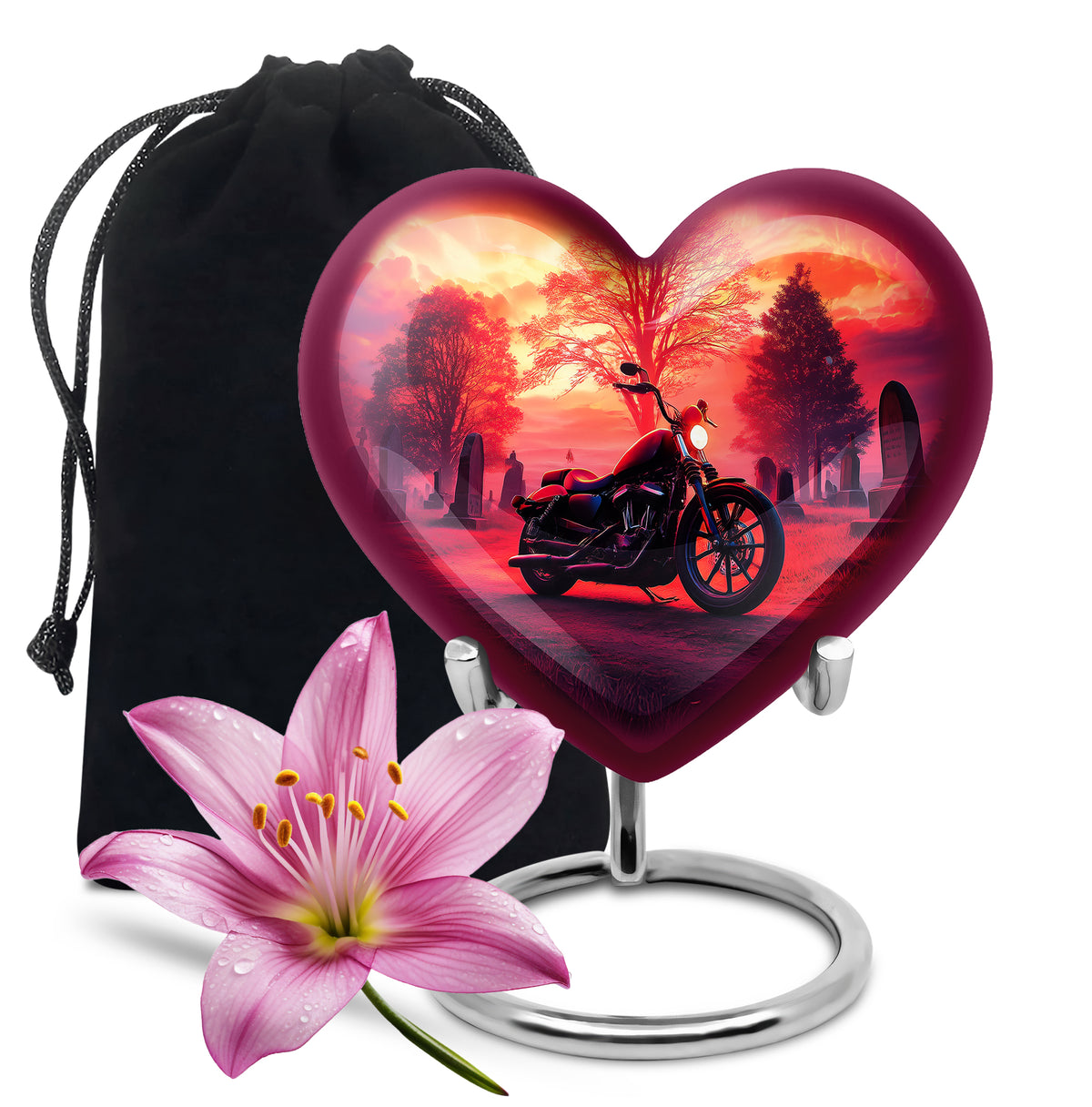 Burgundy Red Bike Cremation Urn detail view - heart-shaped bike design symbolizing eternal love - full-size 10 inch 200 cubic inch adult cremation urn