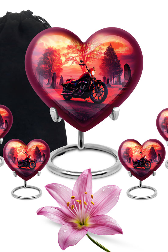 Wine Red Bike Cremation Urn close-up of engraving and surface detail - loving heart memorial featuring bike pattern - memorial set with one large and four small urns
